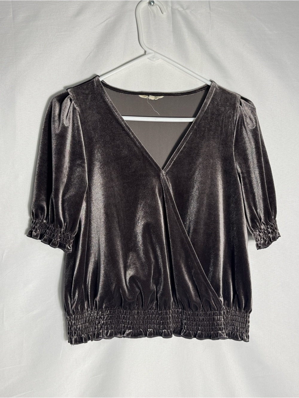 Madewell Velvet Smocked Crossover Wrap V-Neck Top Grey XS